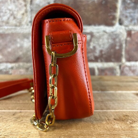 Tory Burch 'Robinson' Tangerine Orange Leather Crossbody w/ Gold Hardware Chain - Picture 4 of 13
